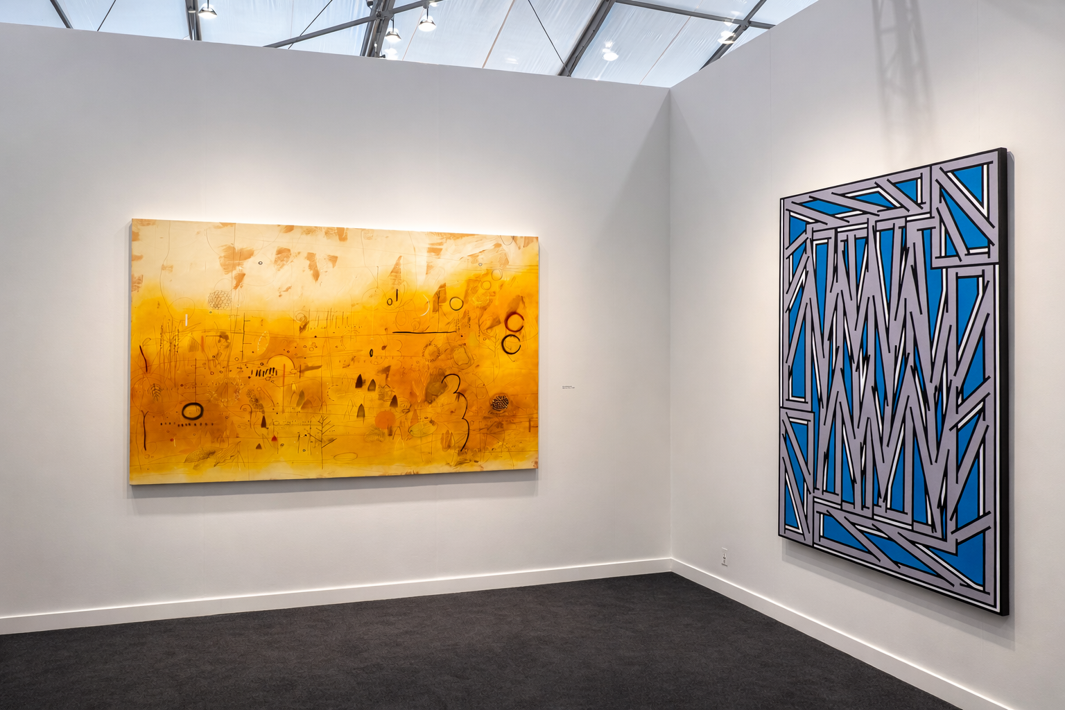Garth Greenan Gallery's booth at Frieze LA, with a painting by Emmi Whitehorse and Nicholas Krushenick