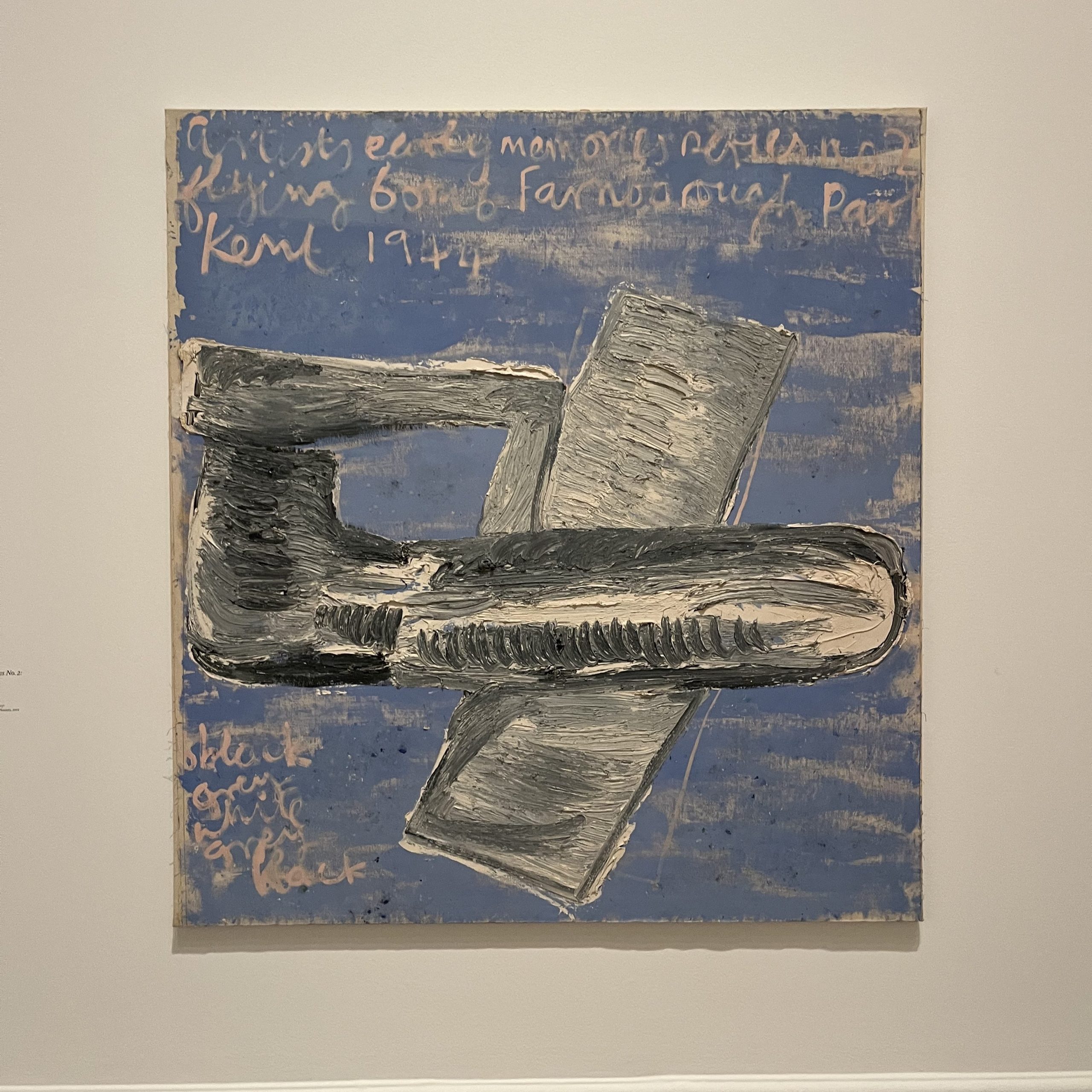 Rose Wylie, Early Memory Series No. 2: Doodle Bug, painting of a black flying bomb above simplified sky scene 