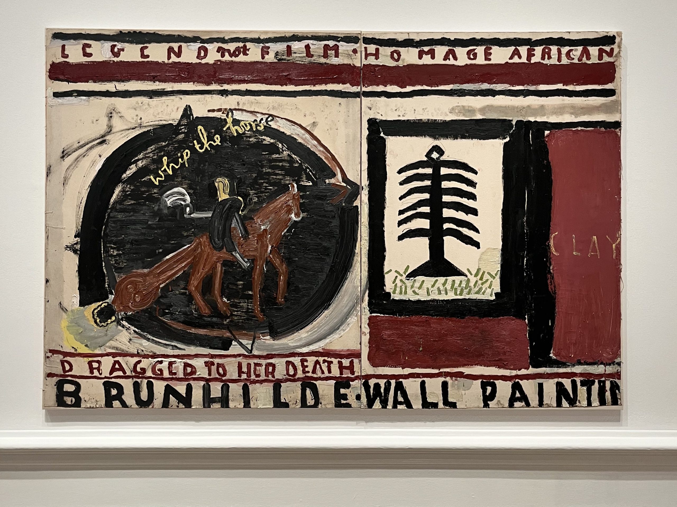 Rose Wylie, Brunhilde (Film Notes, 2024), painting with dark tones and layered colour across the surface