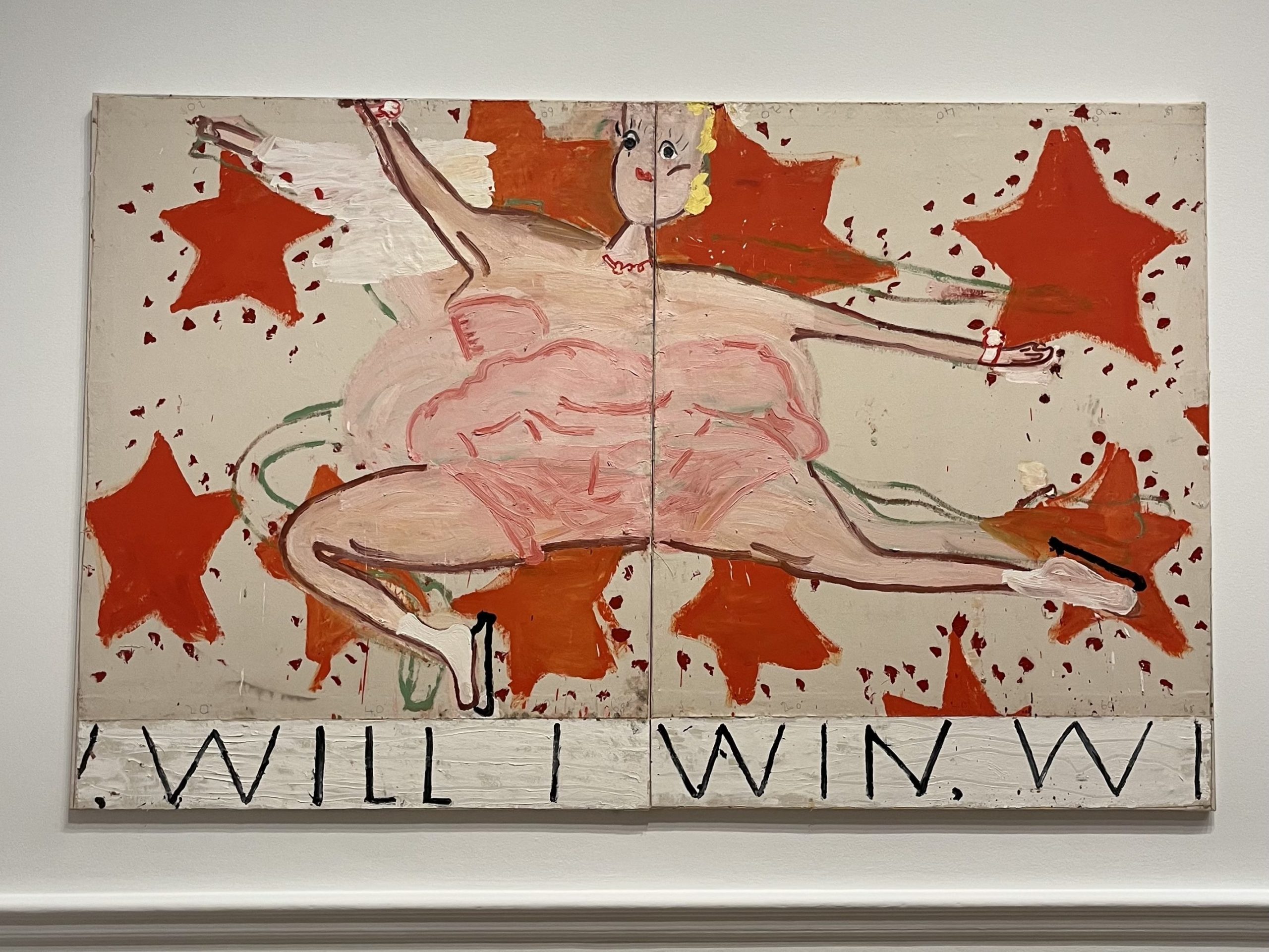 Rose Wylie, Pink Skater (Will painting of a figure in a pink dress performing a split leap, surrounded by orange star shapes, with the text “WILL I WIN” along the bottom