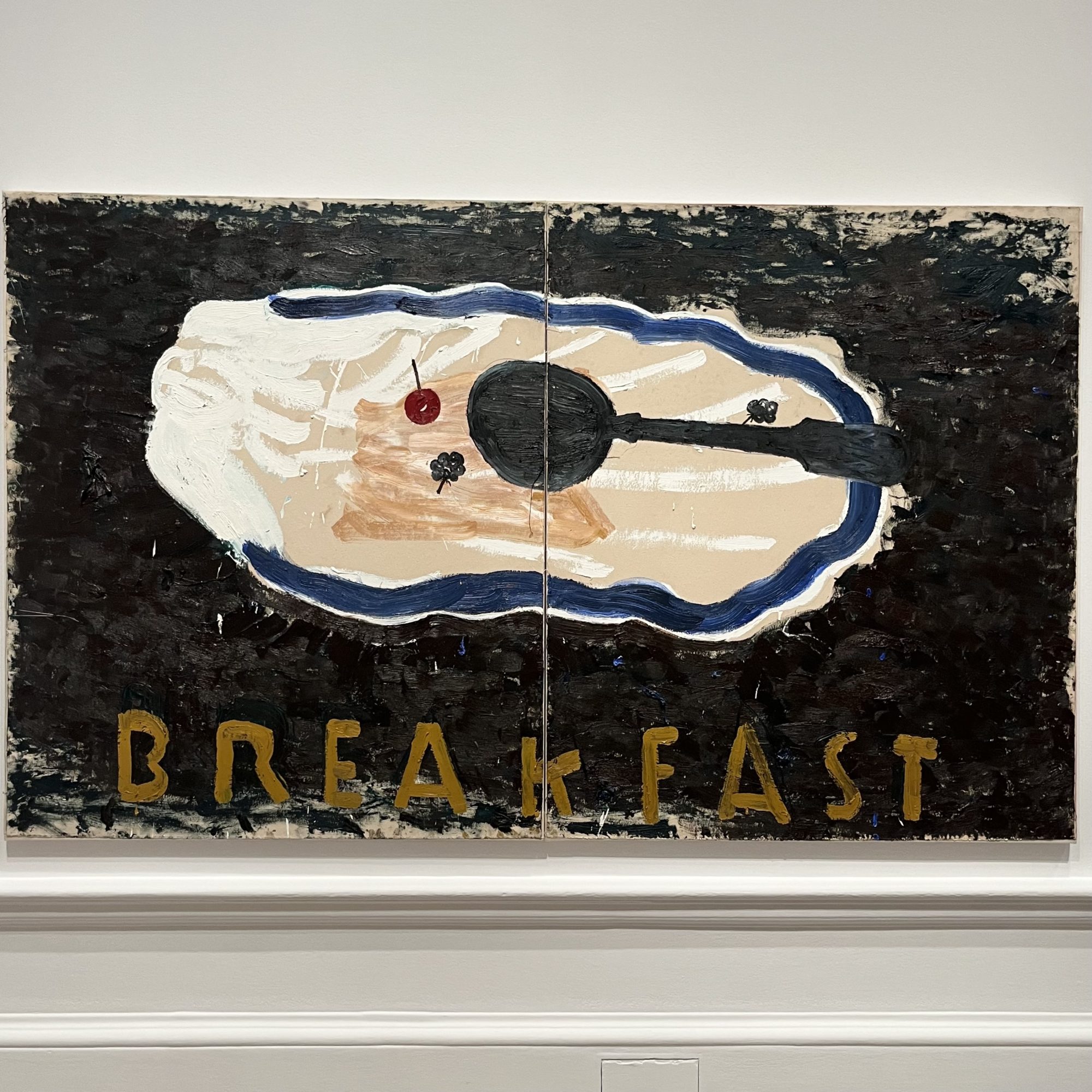 Painting featuring simplified forms and a central blue line in the china. the word "breakfast" appears at the bottom of the canvas.