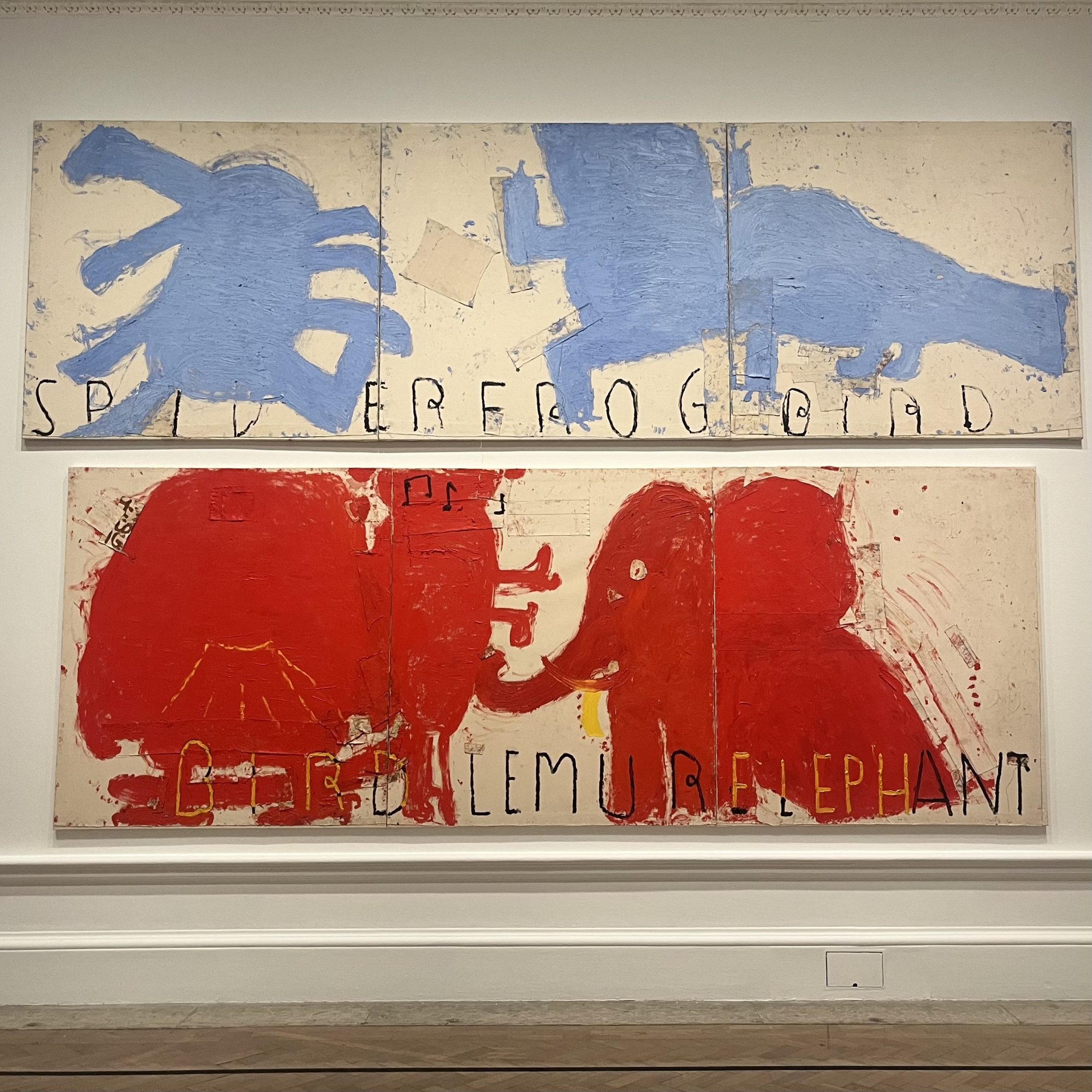 Two paintings by Rose Wylie: Spider, Frog and Bird (2015) above and Red Painting: Bird, Lemur & Elephant (2016) below, showing simplified animal forms and bold colour