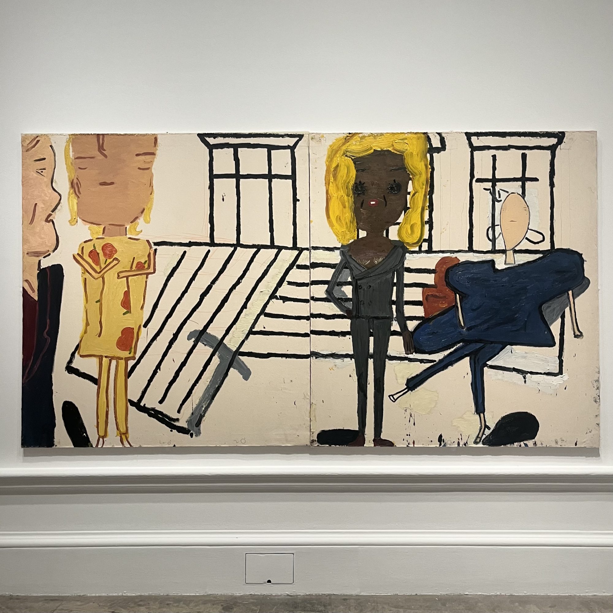 Rose Wylie, PV Windows and Floorboards (2014), painting depicting three women with simplified, flattened forms