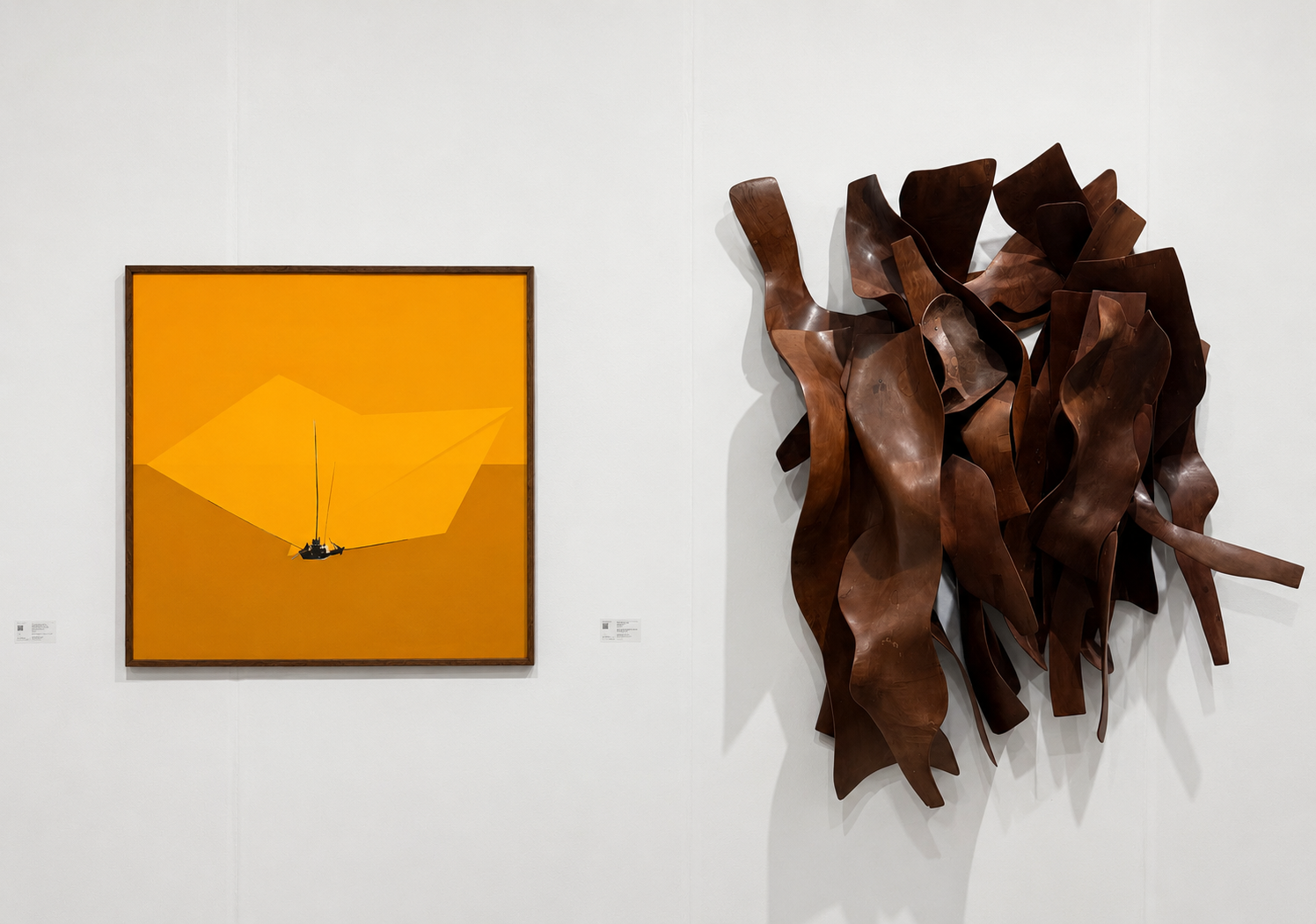 A wooden sculpture by Brazilian artist Marcelo Silveira and a piece by Jonathas Andrade at Nara Roesler's booth at Frieze New York 2026