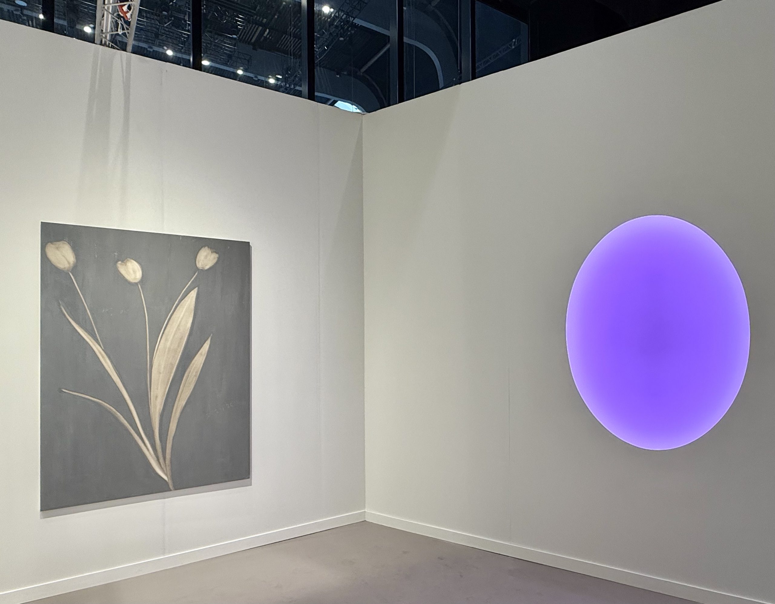 A tulip painting by Joe Andoe and a work by James Turell at Almine Rech's booth at Frieze New York 2026