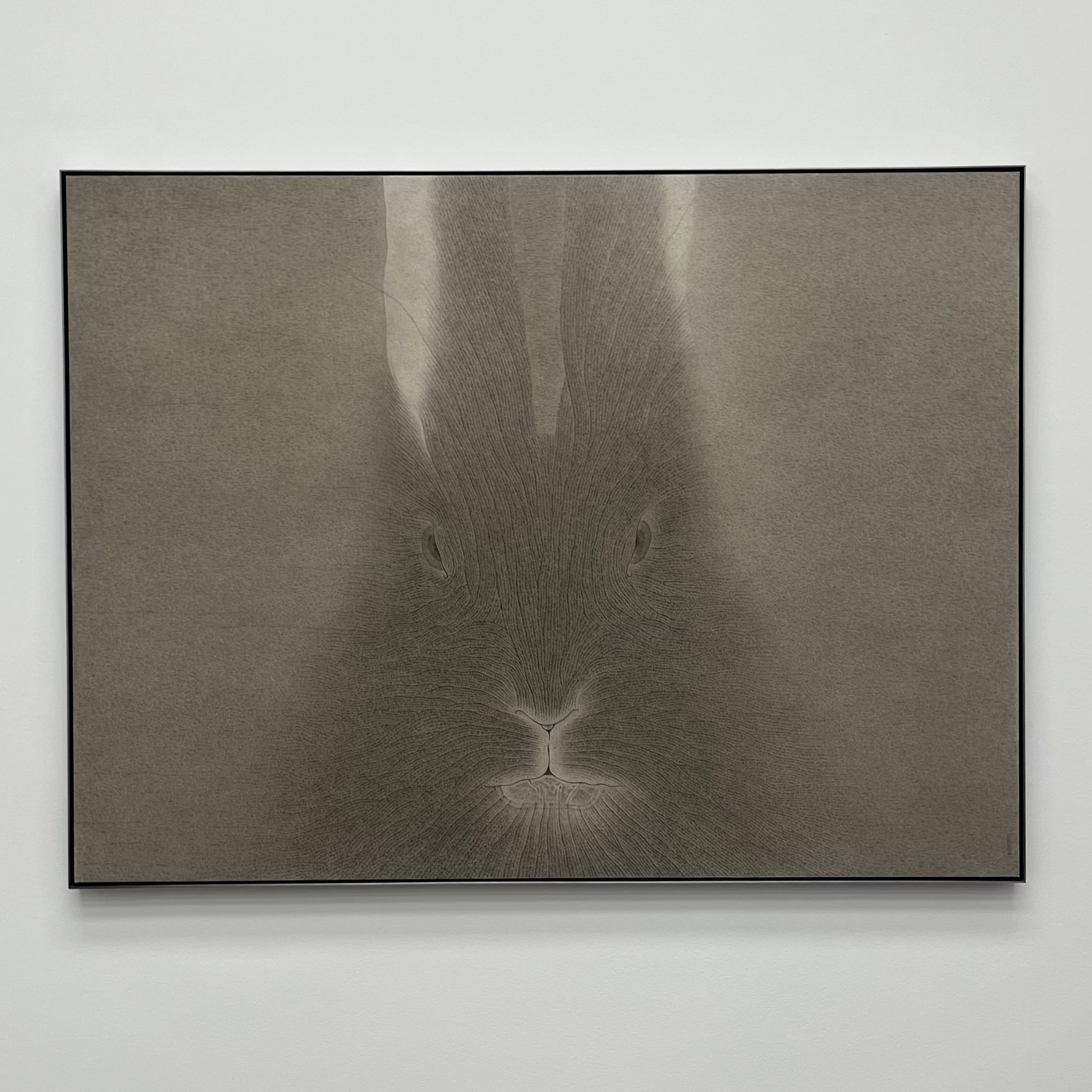 A large monochromatic ink painting by Shao Fan depicting the face of a rabbit emerging from thousands of delicate hair-like brushstrokes on xuan paper, its eyes and muzzle slowly materialising from a soft grey surface.