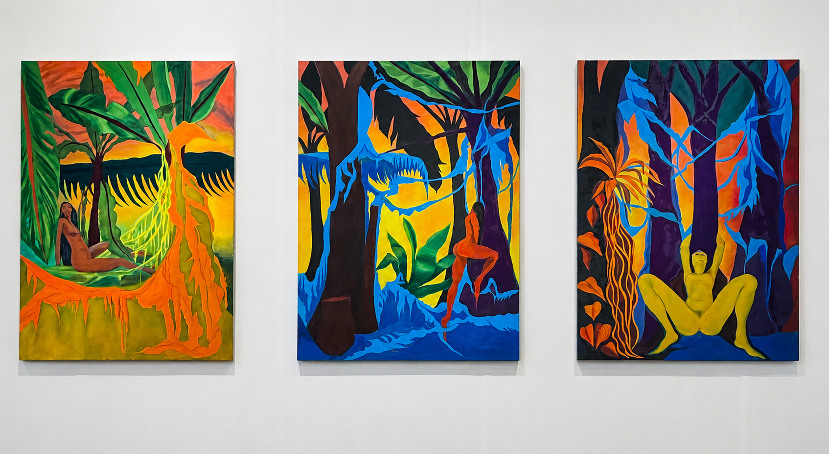 A series of paintings by Mexican artist Pia Camil at OMR's booth at Frieze New York 2026
