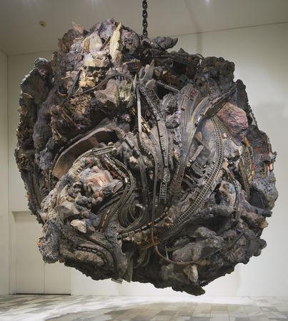 Medusa's Head, 1990. Plywood, steel, cement, rock, model railroad trains and tracks- image via nialldebuitlear.com
