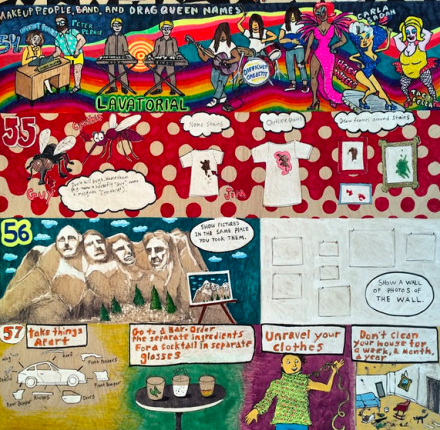 A detail from Rob Pruitt's Hand-Drawn Dressing Screens, via Art Observed