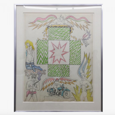 Robert Smithson, Untitled [Zig zag star center, motorcyclist with wings, and microscope with wings] (1964), via Art Observed