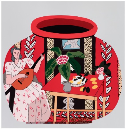 Jonas Wood Red Pot with Lute Player #2 (2018), via Gagosian