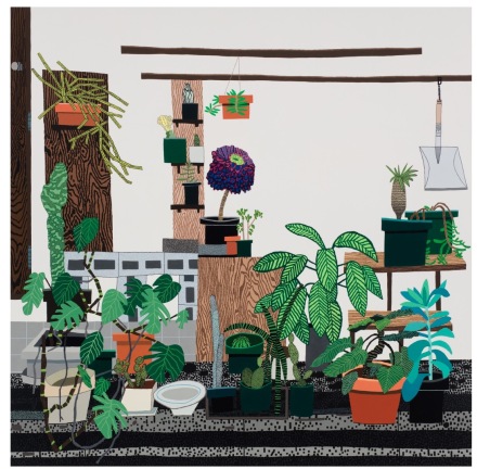 Jonas Wood, Still Life with Red Panels (2018), via Gagosian