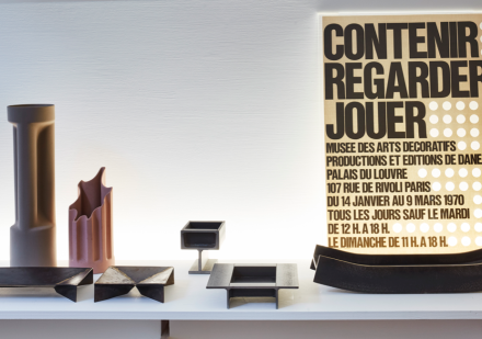 Enzo Mari, Adam fruit bowl for Danese Milano Opaque PVC (1968); BambÃ¹ flower vases for Danese Milano, Biscuit porcelain version (1977); Welded tray for Danese Milano, Opaque PVC (1968). © Annie Schlecter.