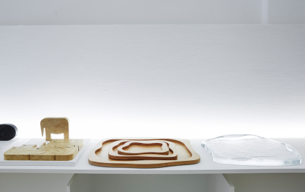 Yali, Moribana, Wooden and Murano glass trays, 2019; Enzo Mari, Sedici Animali, Resin in wood optic (1957). © Annie Schlecter.