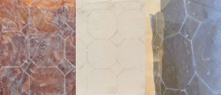 Detail images of BORG (Kachelboden) (‘Tiled floor’), 1975-1977: (left to right) mother of pearl and latex on canvas; paper and glue; glue, latex, mother of pearl. © Quincy Childs