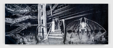 Jim Shaw, Donald and Melania Trump descending the escalator into the 9th circle of hell reserved for traitors frozen in a sea of ice (2020), via Simon Lee