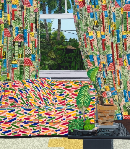 Jonas Wood, Patterned Interior with Mar Vista View (2020), via David Kordansky