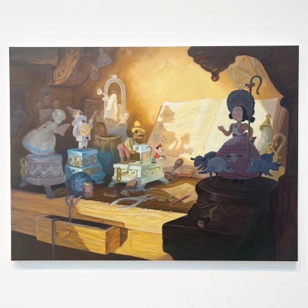 Dan Colen, Woodworker (Music Boxes) (2022), via Art Observed