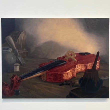 Dan Colen, Woodworker (Violin) (2022), via Art Observed